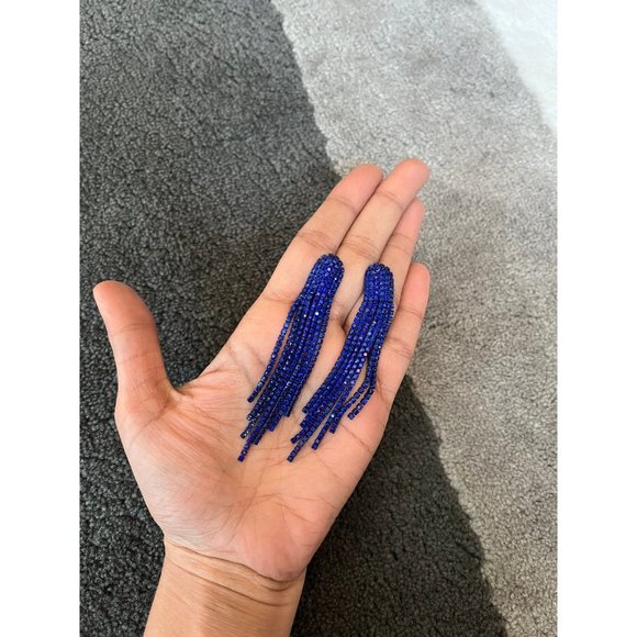 royal blue earrings long fringe crystal chandelier  blue pageant earrings - Picture 4 of 7